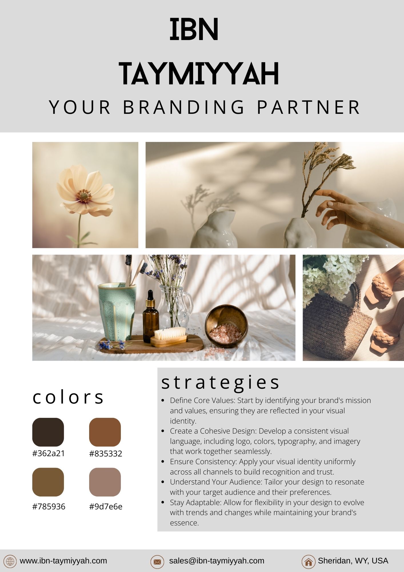Visual elements of a brand’s identity, including logo, color palette, and typography, displayed on marketing materials.
