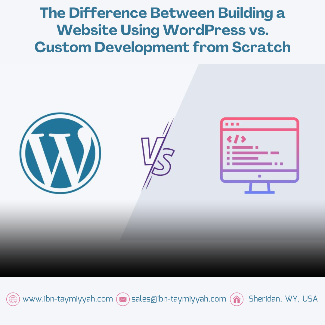 A visual comparison between WordPress and custom website development, highlighting key elements like code, design, and user interface.